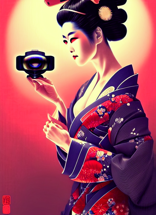 prompthunt: sensual japanese geisha wearing vr eyepiece, intricate geisha  kimono, robotic, android, cyborg, cyberpunk face, steampunk, fantasy,  intricate, elegant, highly detailed, colorful, vivid color, digital  photography, cool warm lighting ...