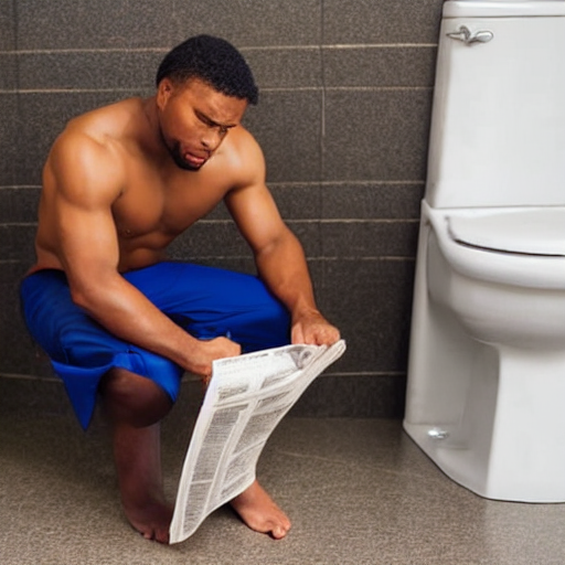 prompthunt: a black male with muscle sitting on a toilet reading newspaper