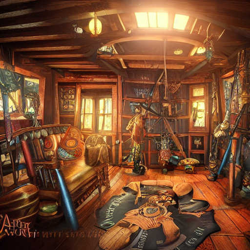 prompthunt: interier view of award - winning pirate themed escape room set  on the top deck on pirate ship from 1 7 2 0. steampunk and magical colors.  trending on artstation, realistic.