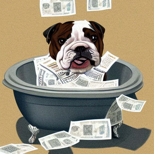 english bulldog in bathtub with stacks of bills, artstation