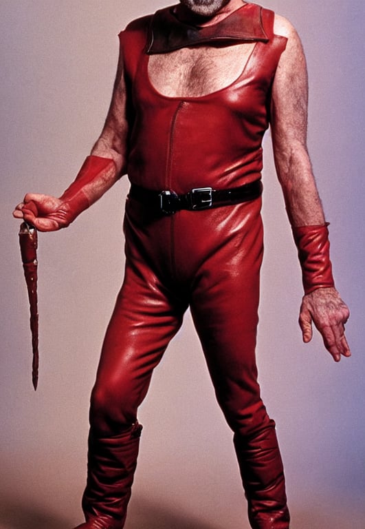 prompthunt: The full figure portrait is of the actor sean connery. He is  wearing the red leather mankini from the film zardoz. He has a thick black  moustache and a long plait