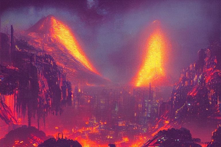 a cyberpunk city in the crater of a volcano, lava flowing, smoke, fire, neon, industrial, by paul lehr
