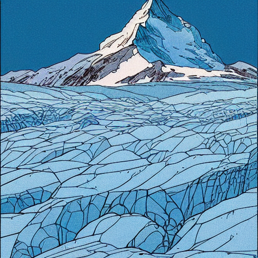 prompthunt: “A beautiful winter day on the heavily crevassed glacier.  Matterhorn in the background. Style of Hergé. Ligne Claire comic book  illustration. No shading. Flat colors. Highly detailed.”