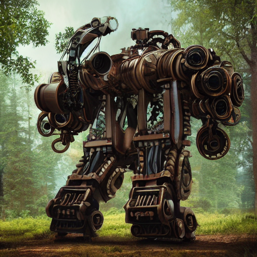prompthunt: steampunk colossal mech battle robot standing a swedish forest very low angle photograph trending artstation. Highly detailed. Artstation. render. Unreal engine. 4k. 8k. Hyperrealism.