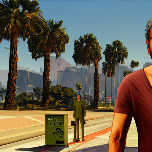 prompthunt: Jeff Goldblum in GTA v. Los Santos in the background, palm  trees. In the art style of Stephen Bliss