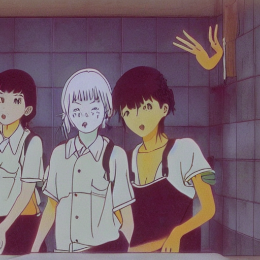 screenshot from guro anime, 8 0's horror anime, yellowed grainy vhs footage with noise, schoolgirls trapped in a bathroom, one girl has white hair, in the style of studio ghibli,