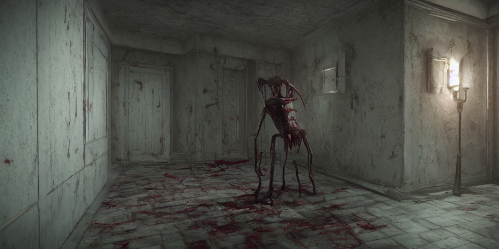 prompthunt: The Backrooms level 1 with a creepy creature and blood