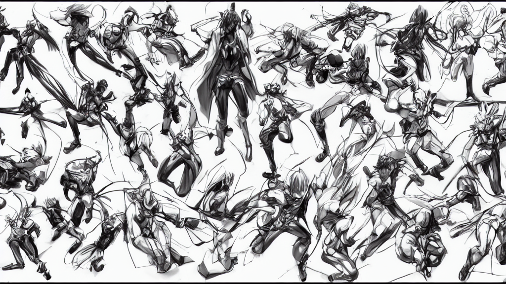 prompthunt: anime dynamic action poses sketch sheet, trending on