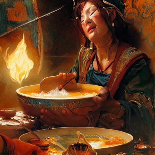 prompthunt: stunning female master wizard cooking magical soup with a huge  pot, highly detailed painting by gaston bussiere, craig mullins, j. c.  leyendecker, 8 k