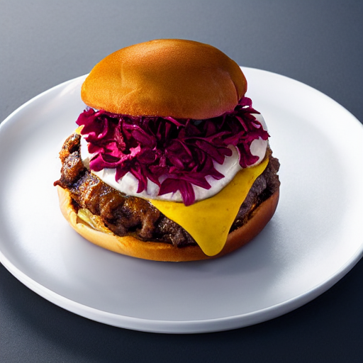 prompthunt: Fast Food commercial photograph of a Sweat potato burger with a  sweet cinnamon bun and velvet sauce, topped with hibiscus flower