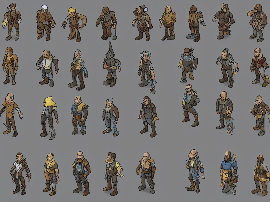 isometric character sprite sheet. small character sheet! characters! fallout npc, gouache, kitbash, arcane, overwatch, white background