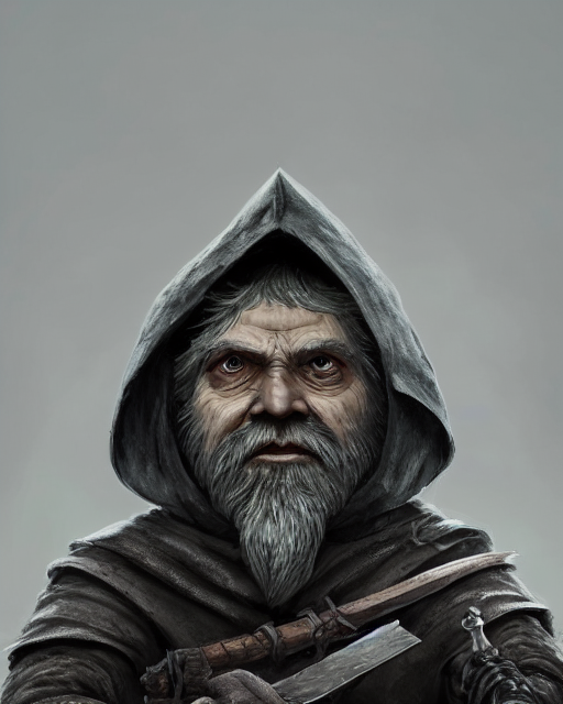 A head and shoulder portrait of a DnD deep gnome rogue with grey skin, two daggers at his waist and he is wearing a black hood by Greg Rutkowski, Sung Choi, Mitchell Mohrhauser, Maciej Kuciara, Johnson Ting, Maxim Verehin, Peter Konig, final fantasy, 8k photorealistic, cinematic lighting, HD, high details, dramatic, epic atmosphere, trending on artstation