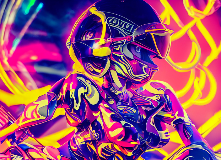 prompthunt: beautifully lit photo of a white marble statue of an anime girl  with colorful motocross logos and motorcycle helmet with closed visor,  colorful smoke in the background, carved marble statue, fine