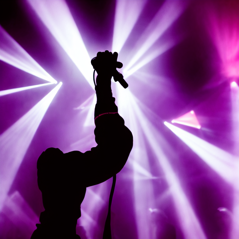 prompthunt: rapper performing with microphone, epic pose, profile view,  silhouetted, distinct figure, psychedelic hip-hop, laser light show, fog,  beams of light