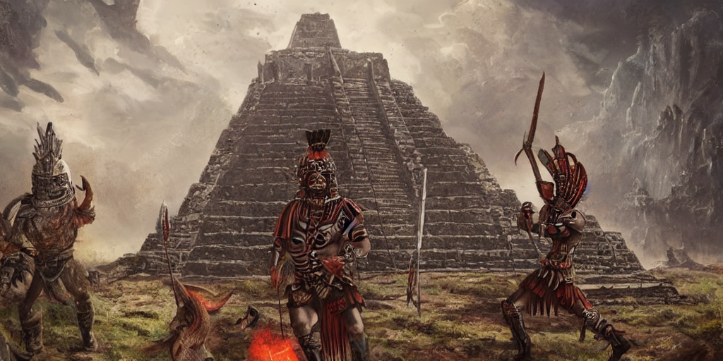 A fierce Aztec warrior watches aliens landing at an Aztec temple. epic sci-fi fantasy artwork by Sylvain Lorgeou. Trending on artstation