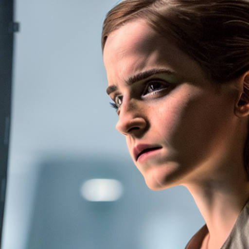 Emma Watson as the Terminator, movie scene, XF IQ4, 50mm, F1.4, studio lighting, professional, 8K, Look at all that detail!, Dolby Vision, UHD