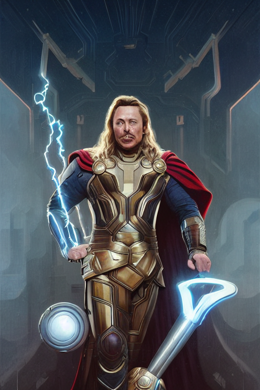prompthunt: elon musk as thor with hammer, realistic portrait, symmetrical,  highly detailed, digital painting, artstation, concept art, smooth, sharp  focus, illustration, cinematic lighting, art by artgerm and greg rutkowski  and alphonse mucha