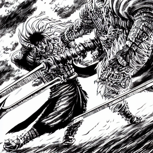 a highly detailed panel from the berserk manga of guts wielding his large great sword while battling an enemy, berserk manga, colored manga art