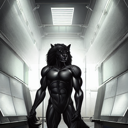 a enormously muscled black - coated anthro horse supersoldier with long white hair wearing tactical kevlar fabric in a research facility, exaggerated muscle physique, highly detailed, furry, furaffinity, digital painting, artstation, sharp focus, smooth, concept art, illustration, art by artgerm, greg rutkowski, makoto shinkai