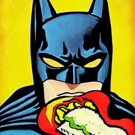 prompthunt: batman eating a hotdog painted by van gogh