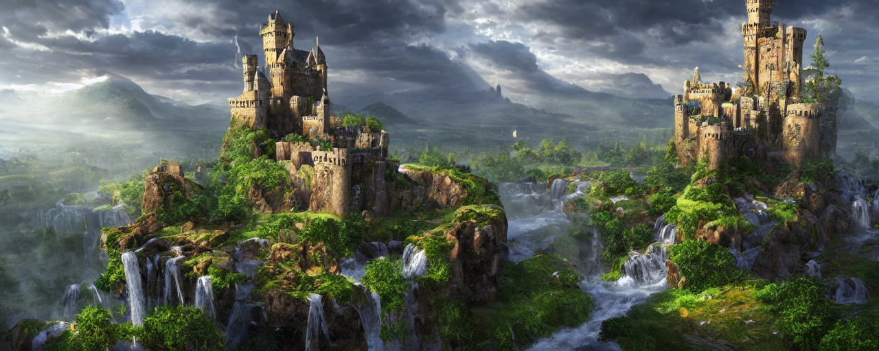 prompthunt: a beautiful fantasy landscape of a large majestic medieval  castle with lots of towers and huge walls on top of a lush cliff with a  huge waterfalls in the middle, ruins