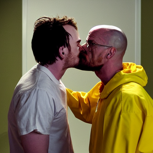 side angle of walter white passionately kissing jesse pinkman on the mouth, yellow backdrop