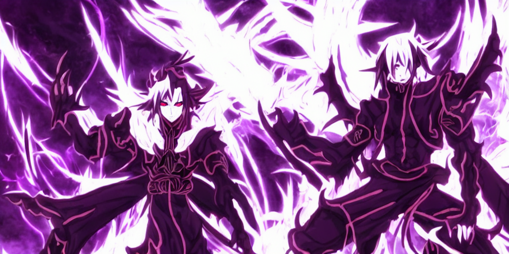 demon  lord in anime, sitting in his lair with dark aura around him and purple flames