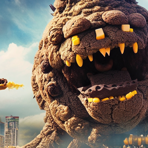 prompthunt: Poop monster with corn in it, eating a cookie, godzilla, japan,  movie set, 4k, HDR