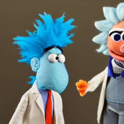 prompthunt rick sanchez as a muppet with peach skin, blue hair wearing a white lab coat. highly