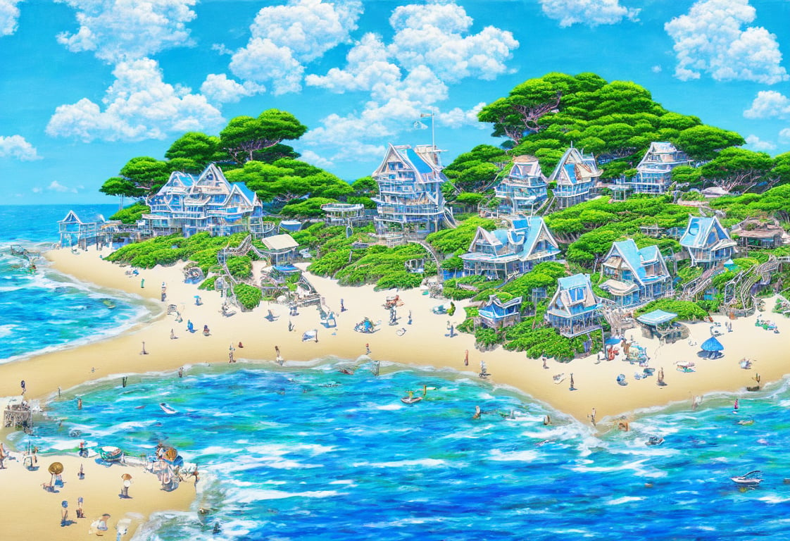 a beautiful ultradetailed painting of beach house at the seaside, sunny, close shot, studio ghibli sunlight, archdaily, wallpaper, highly detailed, trending on artstation