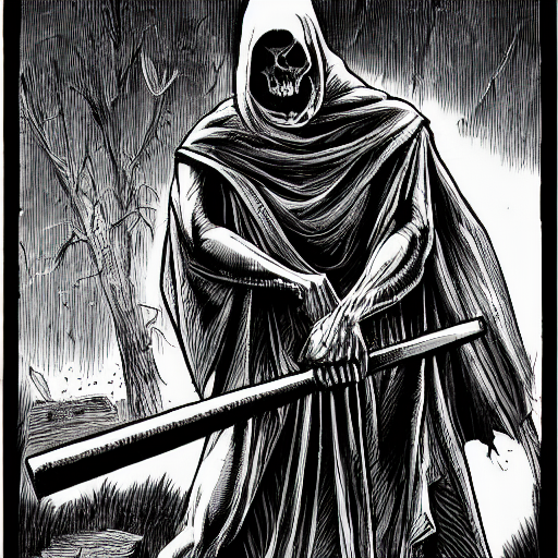 grim reaper comic book artstyle, grayscale, by mark riddick