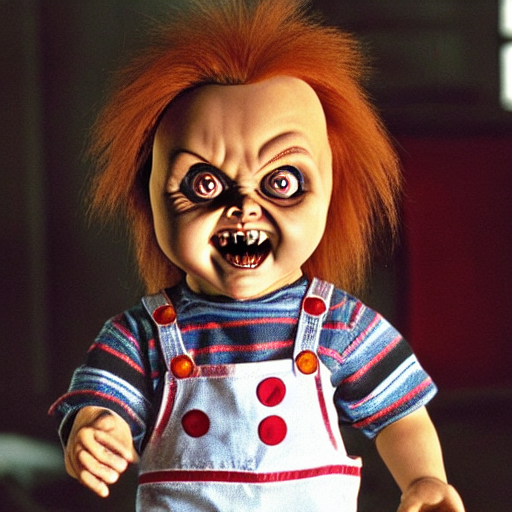 chucky the killer doll standing in a room full of creepy evil killer dolls