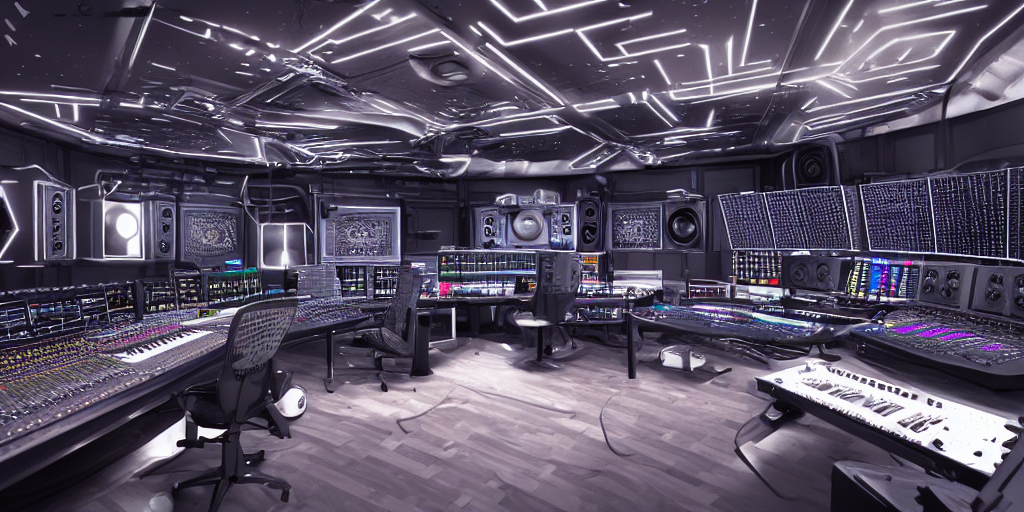 giant futuristic music studio full of mixers, stands and speakers, led stripes, illuminated knobs, illuminated faders, intricate insanely detailed octane render, 8K artistic photography, photorealistic