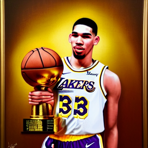 prompthunt: jayson tatum in los angeles lakers jersey, holding the larry  o'brien trophy, portrait by william sidney mount, oil on canvas, trending  on artstation, hyper realistic