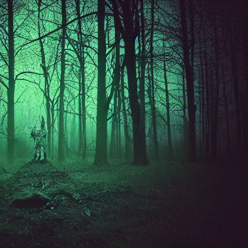 prompthunt film frame of a dark forest full of dead trees at night, a