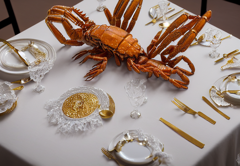 prompthunt: simplicity. an opulent banquet of food on a table covered with  frilly golden gundam lobster and frillly silver gundam nudibranch.  glittering ruby gemstones. sleek and smooth. paper doilies. iridescent  biomechanical giger '