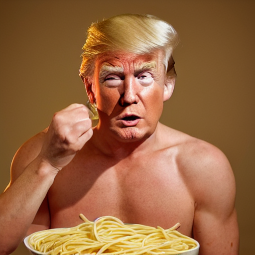 prompthunt: pale, scared, shirtless, donald trump hiding with a bowl of  spaghetti on his head. twilight, foggy. photo 8 k.