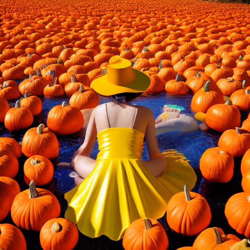 prompthunt: Goddess young girl with big bust wearing stylish hat, orange  latex dress and yellow latex gloves in a swimming pool full of pumpkins by  Ilya Kuvshinov