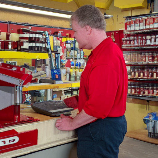 tom scott wearing the iconic red shirt while working behind a general shop counter, happy, bright lighting, photorealistic, 4 k