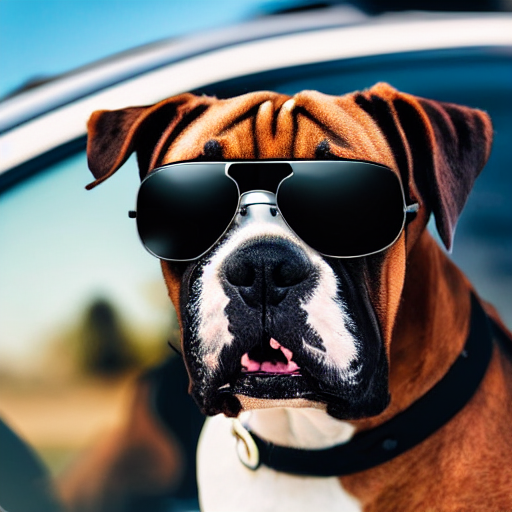 prompthunt: a boxer dog smiling wearing black aviator sunglasses, driving a  convertible, award winning, high quality, sunny day