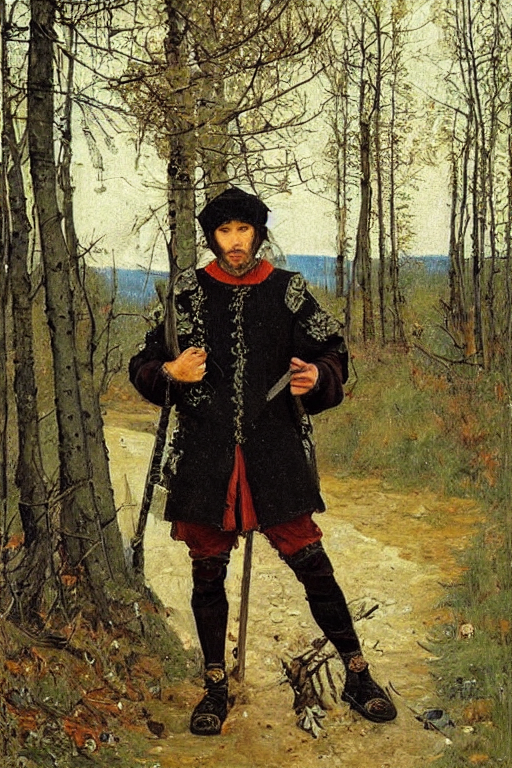 prompthunt: Heroic medieval man in black adidas jacket armor, full body,  beautiful russian nature, painting by vasnetsov
