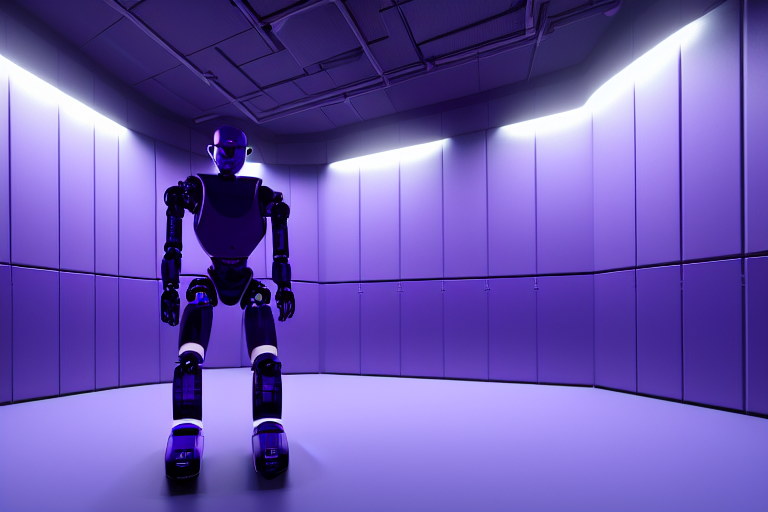 prompthunt: humanoid robot in a server room, purple and blue color scheme,  dan mumford, inception, blade runner, the fifth element, fisheye,  volumetric octane render, by ruan jia and ross tran, malevich