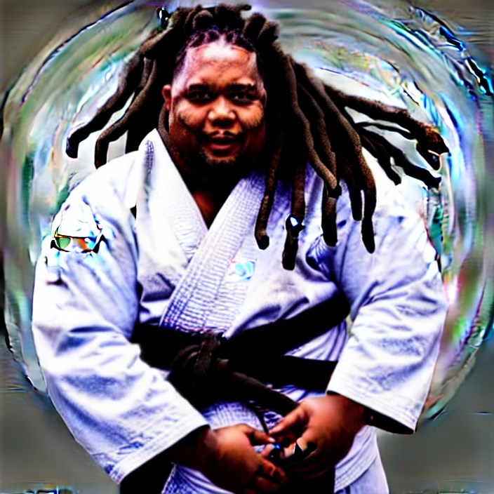 prompthunt photo of an overweight black man with dreads wearing a gi