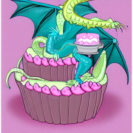 a dragon eating a cake that has a damsel in distress inside the cake; digital art; deviantart