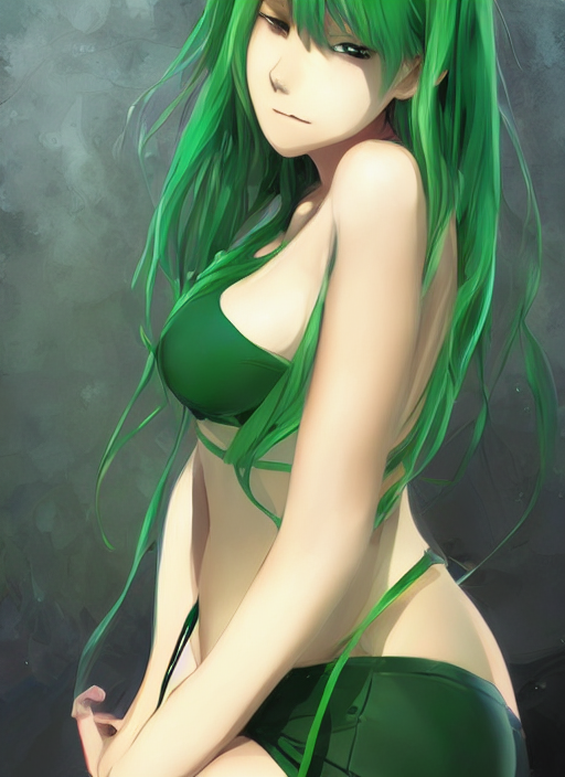 prompthunt: anime girl with green hair wearing bikini, detailed character  portrait, anime style, by makoto shinkai, by wenjun lin, by studio ghibli,  gorgeous face, digital art, fanart