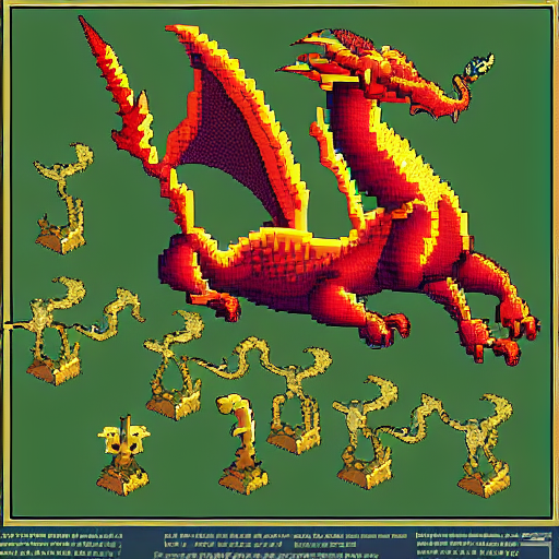 isometric pixel art of a dragon sprite, game concept