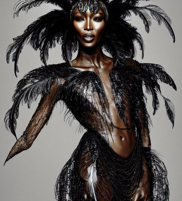 prompthunt: photography portrait by paolo roversi of naomi campbell wearing  a ornate transparent and metalic costume with feathers by iris van herpen,  highly detailed, artstation, smooth, sharp foccus, artstation hq, skin grain