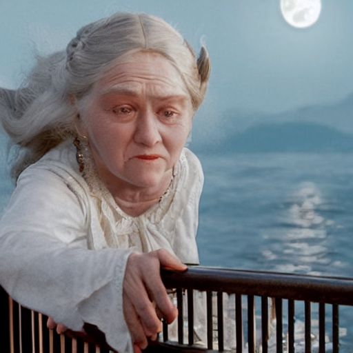 prompthunt: old woman from the movie titanic with white hair leaning over  the railing of a ship and throwing the jumanji board game overboard at  night, scene from titanic movie, film still,