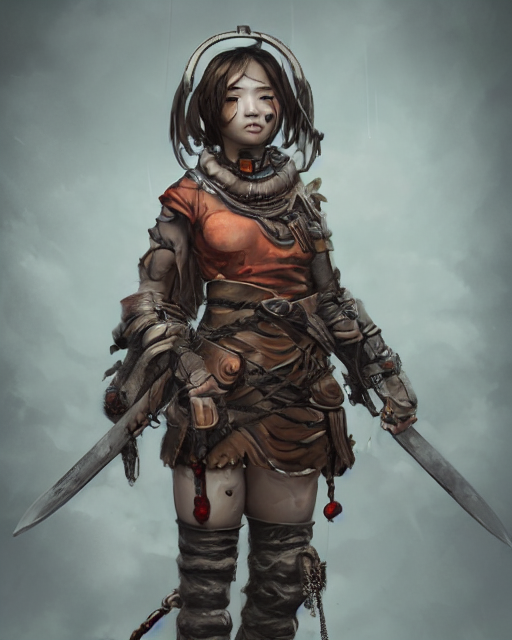 prompthunt: hyper realistic portrait of postapocalyptic asian death cult  monk girl sword and shield, beads, gears, machineparts, cinematic,  artstation, cgsociety, pascal blanche