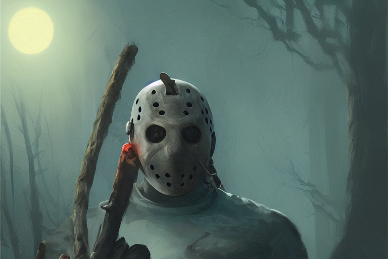 Prompthunt: Portrait Of Jason Voorhees, Camp Crystal Lake At Night 